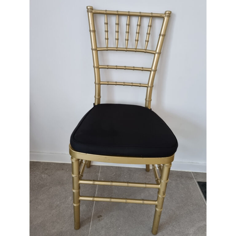 Gold Tiffany Chairs with Black Cushion Bargain Party Hire